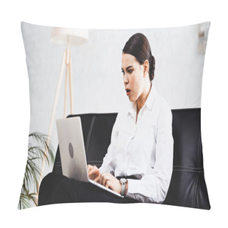Personality  Surprised Businesswoman Sitting On Couch And Typing On Laptop In Office Pillow Covers