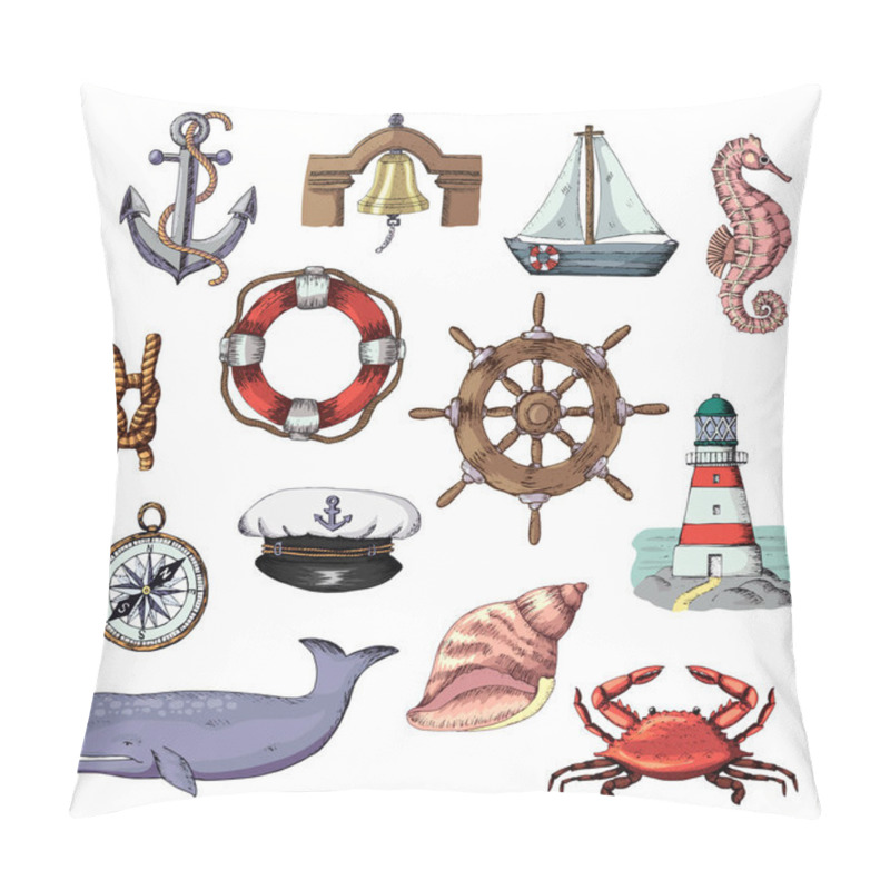 Personality  Sea vector marine or nautical symbols lighthouse and ship or sailboat with anchor on rope illustration set of maritime boat lifebuoy isolated on white background pillow covers