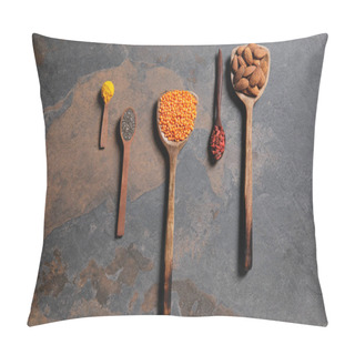 Personality  Top View Of Arranged Wooden Spoons With Superfoods, Red Lentils And Turmeric On Table Pillow Covers