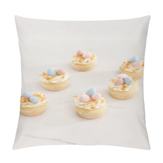 Personality  Delicious Easter Cupcakes With Painted Quail Eggs On Top On White Background Pillow Covers