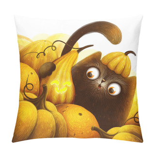 Personality  Kawaii Painting Black Cat With Pumpkins On White Background. Greeting Card, Postcard, Poster, Banner, Flyer And Other. Digital Illustration Pillow Covers