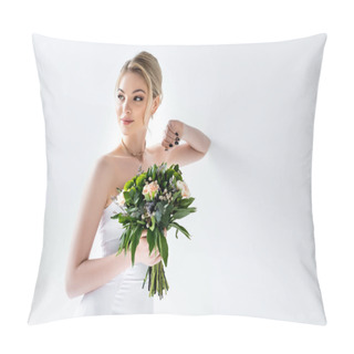 Personality  Beautiful Bride In Elegant Wedding Dress Holding Flowers On White  Pillow Covers