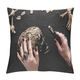 Personality  Cropped View Of Woman Holding Candle Near Skull, Runes And Crystals On Black  Pillow Covers