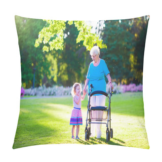 Personality  Senior Lady With A Walker And Little Girl In A Park Pillow Covers