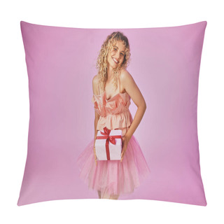 Personality  Cheerful Blonde Woman With Curly Hair Posing On Pink Background With Present And Smiling At Camera Pillow Covers