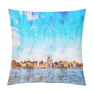 Personality  Beautiful View Of Venice, The Island And The Giudecca Canal. Color Watercolor Drawing. The Streets Of The Old European City. Art Postcard With Views Of Venice And Italy Pillow Covers