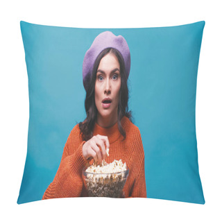 Personality  Impressed Woman Holding Bowl Of Popcorn While Watching Interesting Film Isolated On Blue Pillow Covers