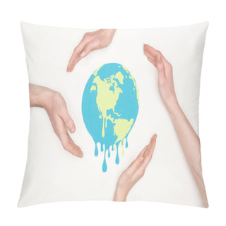Personality  Partial View Of Male And Female Hands Around Paper Cut Melting Globe On White Background, Global Warming Concept Pillow Covers