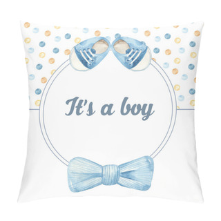 Personality  Watercolor Round Blue Frame For Cute Boy With Bow Bowtie And Boy's Boots Pillow Covers