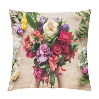 Personality  Partial View Of Florist Holding Bouquet Of Fresh Flowers On Wooden Surface Pillow Covers