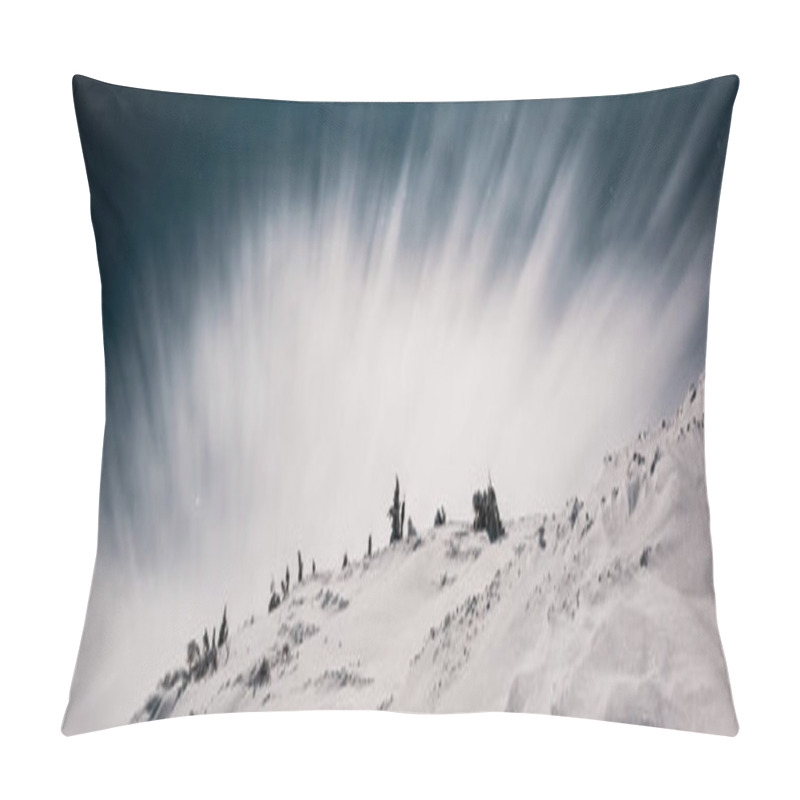 Personality  Scenic View Of Mountain Covered With Snow And Pine Trees Against Dark Sky In Evening With White Cloud, Panoramic Shot Pillow Covers