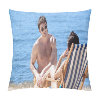 Personality  Smiling Man In Sunglasses Touching Leg Of Girlfriend On Deck Chair On Beach  Pillow Covers