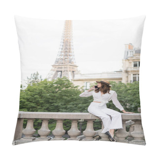 Personality  Side View Of Woman Talking On Smartphone And Looking At Eiffel Tower In Paris  Pillow Covers
