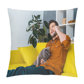 Personality  Cheerful Man Talking On Smartphone On Sofa With Grey Cat Pillow Covers