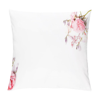 Personality  Festive Flower Composition On The White Wooden Background. Overhead View Pillow Covers