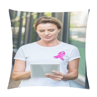Personality  Woman With Pink Ribbon On T-shirt Using Digital Tablet, Breast Cancer Awareness Concept      Pillow Covers