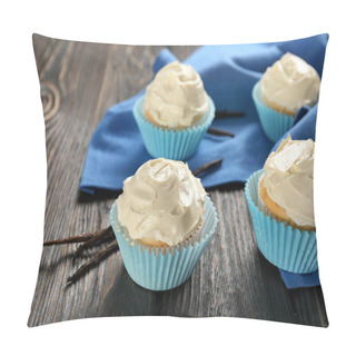 Personality  Tasty Vanilla Cupcakes On Wooden Table Pillow Covers
