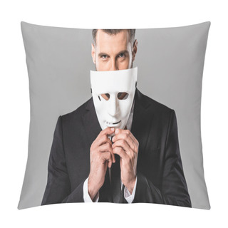 Personality  Sly Handsome Businessman In Black Suit Taking Off White Mask Isolated On Grey Pillow Covers