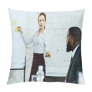 Personality  Selective Focus Of Attractive Business Coach Holding Sticky Notes And Looking At African American Man  Pillow Covers