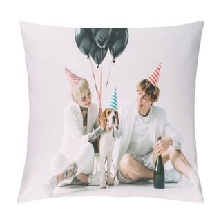 Personality  Cheerful Couple Sitting Near Beagle Dog With Balloons And Bottle Of Champagne On Grey Background Pillow Covers
