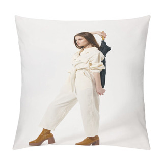 Personality  Woman In A White Jumpsuit Umbrella In Her Hands In Full Growth Pillow Covers