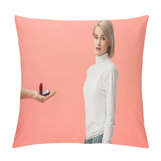 Personality  Cropped View Of Man Holding Box With Wedding Ring Near Attractive Blonde Girlfriend Isolated On Pink Pillow Covers