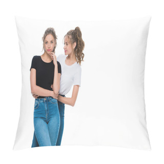 Personality  Smiling Attractive Young Twin Looking At Confident Sister Isolated On White Pillow Covers