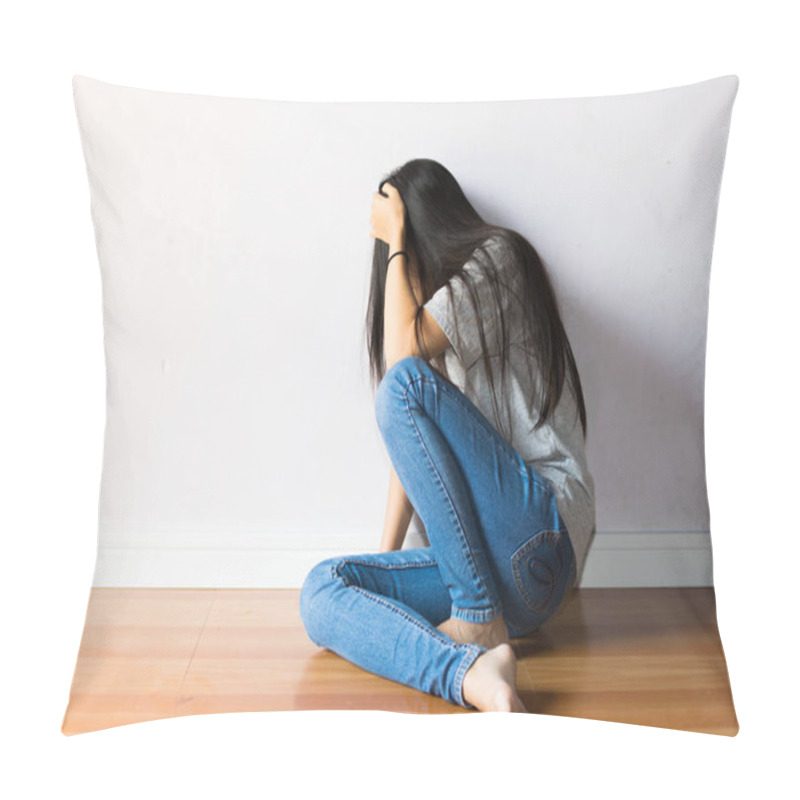 Personality  girl are afraid sitting on white background pillow covers