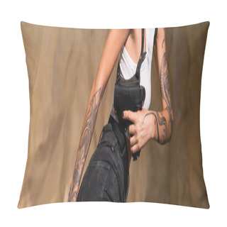 Personality  Cropped View Of Dangerous And Tattooed Archaeologist With Holster Holding Gun, Banner Pillow Covers