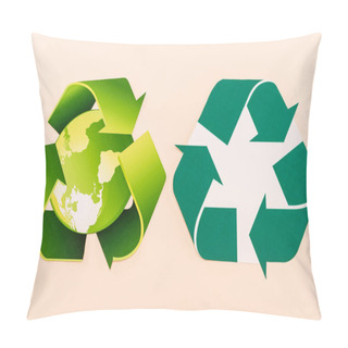 Personality  Top View Of Green Recycling Symbols With Planet Isolated On Beige Pillow Covers