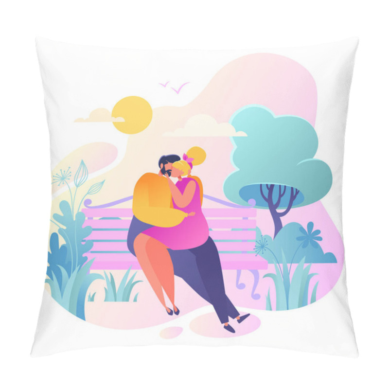 Personality  Romantic vector illustration on love story theme. Happy flat people character sitting on the bench, embrace and kiss. Happy lover man and woman flirt. pillow covers