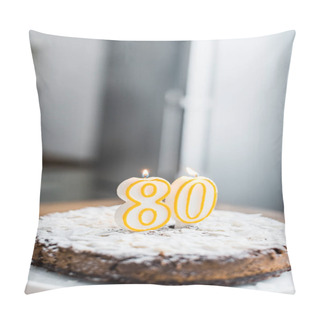 Personality  Selective Focus Of Delicious Birthday Cake With Burning Candles, Copy Space And '80' Sign On Top Pillow Covers