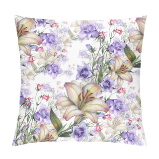 Personality  Watercolor Meadow Bellflowers With Garden Flower Lily. Seamless Pattern On White Background. Pillow Covers