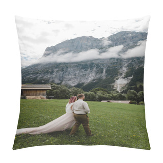 Personality  Young Bride And Groom Walking On Green Mountain Meadow With Clouds In Alps Pillow Covers