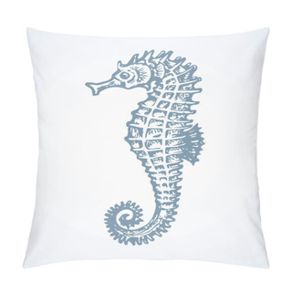 Personality  Small Syngnathidae On Light Backdrop. Freehand Dark Ink Hand Drawn Funny Sealife Pet Logotype Emblem Insignia Sketchy In Retro Etch Scribble Print Style Pen On Paper Space For Text. Side Detail View Pillow Covers