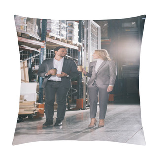 Personality  Two Smiling Businesspeople Talking While Walking In Warehouse With Coffee To Go Pillow Covers