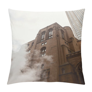 Personality  Low Angle View Of Red Brick Catholic Church Near Steam And Skyscraper On Street In New York City Pillow Covers