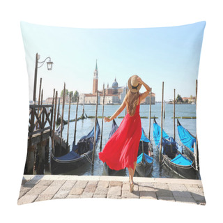 Personality  Holidays In Venice. Back View Of Beautiful Girl In Red Dress Enjoying View Of Venice Lagoon With The Island Of San Giorgio Maggiore And Gondolas Moored. Pillow Covers