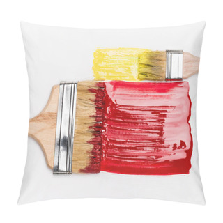 Personality  Top View Of Paintbrushes Near Colorful Red And Yellow Paint Brushstrokes On White Background Pillow Covers