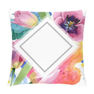 Personality  Pink Tulips Floral Botanical Flowers. Watercolor Background Illustration Set. Frame Border Ornament Square. Pillow Covers