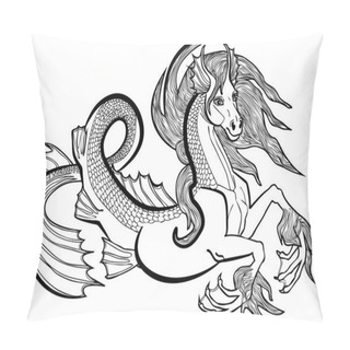 Personality  Vector Illustration Of Hippocampus Or Kelpie Fantasy Horse Black And White  Pillow Covers