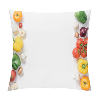 Personality  Top View Of Ripe Bell Peppers, Tomatoes And Garlic Isolated On White Pillow Covers
