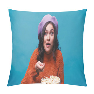 Personality  Amazed Woman In Jumper And Beret Watching Exciting Movie And Eating Popcorn Isolated On Blue Pillow Covers