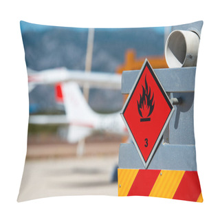 Personality  Rear View Of Service And Refuelling Truck On An Airport With An Aircraft In The Blurry Background. Chemical Hazard, Flammable Liquids. Pillow Covers