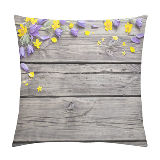 Personality  Spring Purple And Yellow  Flowers On Old Wooden Background Pillow Covers