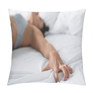Personality  Blurred Young Woman In Bra Feeling Pleasure On Bed Pillow Covers