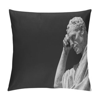 Personality  Man Statue In The Act Of Thinking Against Blue Sky. Ancient Roman Julian The Jurist Statue Made At The End Of 19th Century In Front Of The Old Palace Of Justice In Rome (Black And White With Copy Space) Pillow Covers