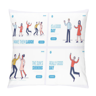 Personality  Concept Of Human Positive Emotions. Website Landing Page. Groups Of Happy People Are Expressing Positive Emotions By Giving Signs. Set Of Web Pages Cartoon Flat Outline Linear Vector Illustrations Pillow Covers