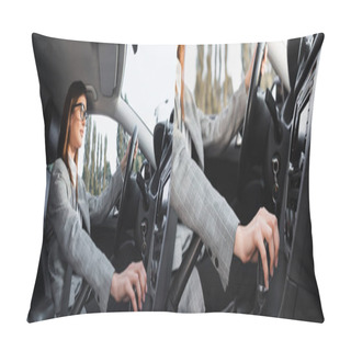 Personality  Collage Of Businesswoman Shifting Transmission Lever While Driving Car, Banner Pillow Covers