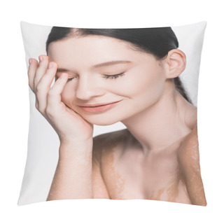 Personality  Smiling Young Beautiful Woman With Vitiligo Isolated On White Pillow Covers